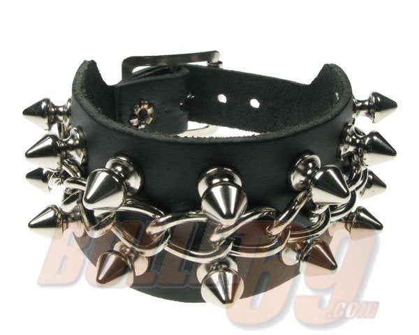 2 ROW SPIKE and CHAIN Leather Wristband