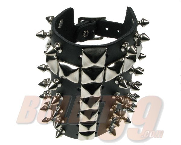 7 ROW WIDTH, SPIKE AND PYRAMID CHRISTIAN CROSS Leather Wristband