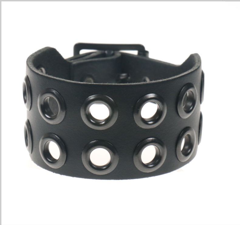 2 ROW BLACK EYELET LEATHER WRISTBAND