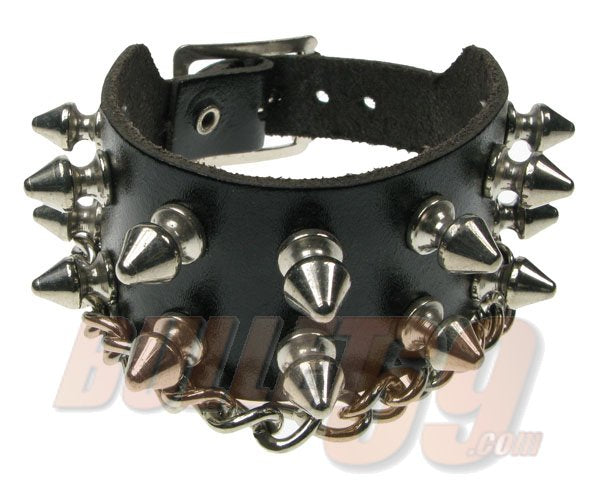 2 ROW SPIKE CHAIN Leather Wristband